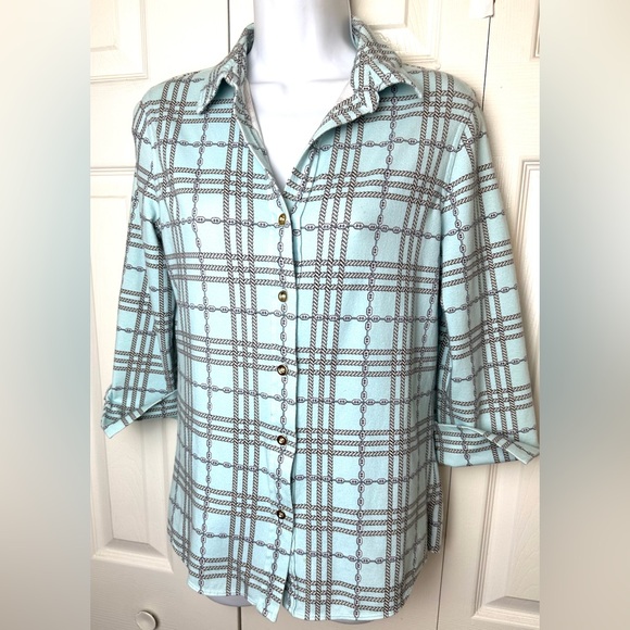 FOXCROFT Pale Blue Knit Button Down Shirt Top Blouse Chain Rope Pattern Nautical - Picture 1 of 10
